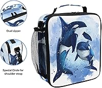 Vista 2 de Bolsa de almuerzo aislada con diseño de ballena asesina, océano, acuarela, portátil, con cremallera, bolsa enfriadora con correa ajustable