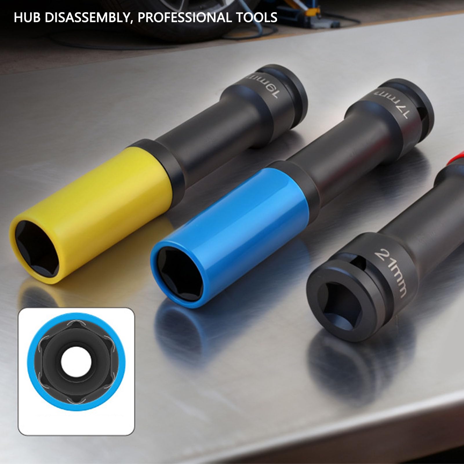Set di 3 bussole per dadi con aletta a parete sottile, bussola a impatto anti-rottura da 1/2 pollice, bussola profonda extra lunga per protezione ruota, 17 mm 19 mm 21 mm