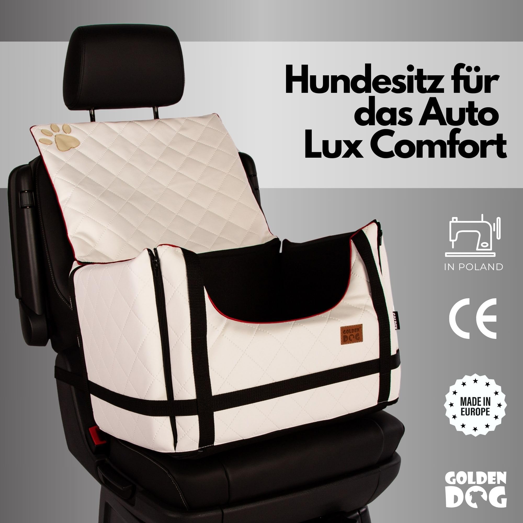 Golden Dog - Transportín para perro con cinturón de seguridad L-65 x 53 x 27 cm - Piel imitación asiento de coche para perro, resistente al agua - Asiento de pasajero para perros plegable - Cinturón