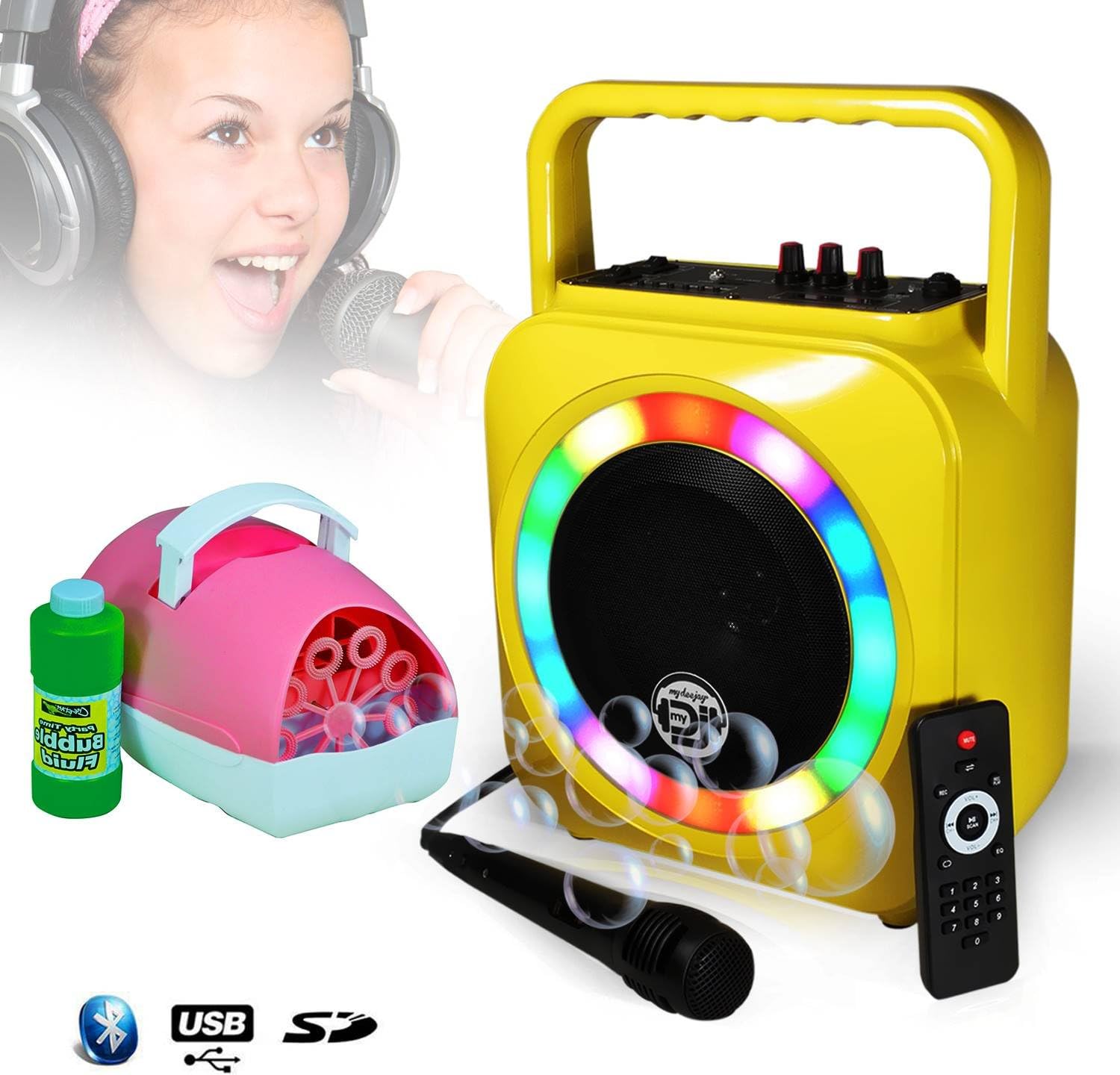 Yellow Portable Karaoke Speaker 200 W 8 with Multi-Coloured LED Lights USB/SD/BT + Mic + Bubble Machine