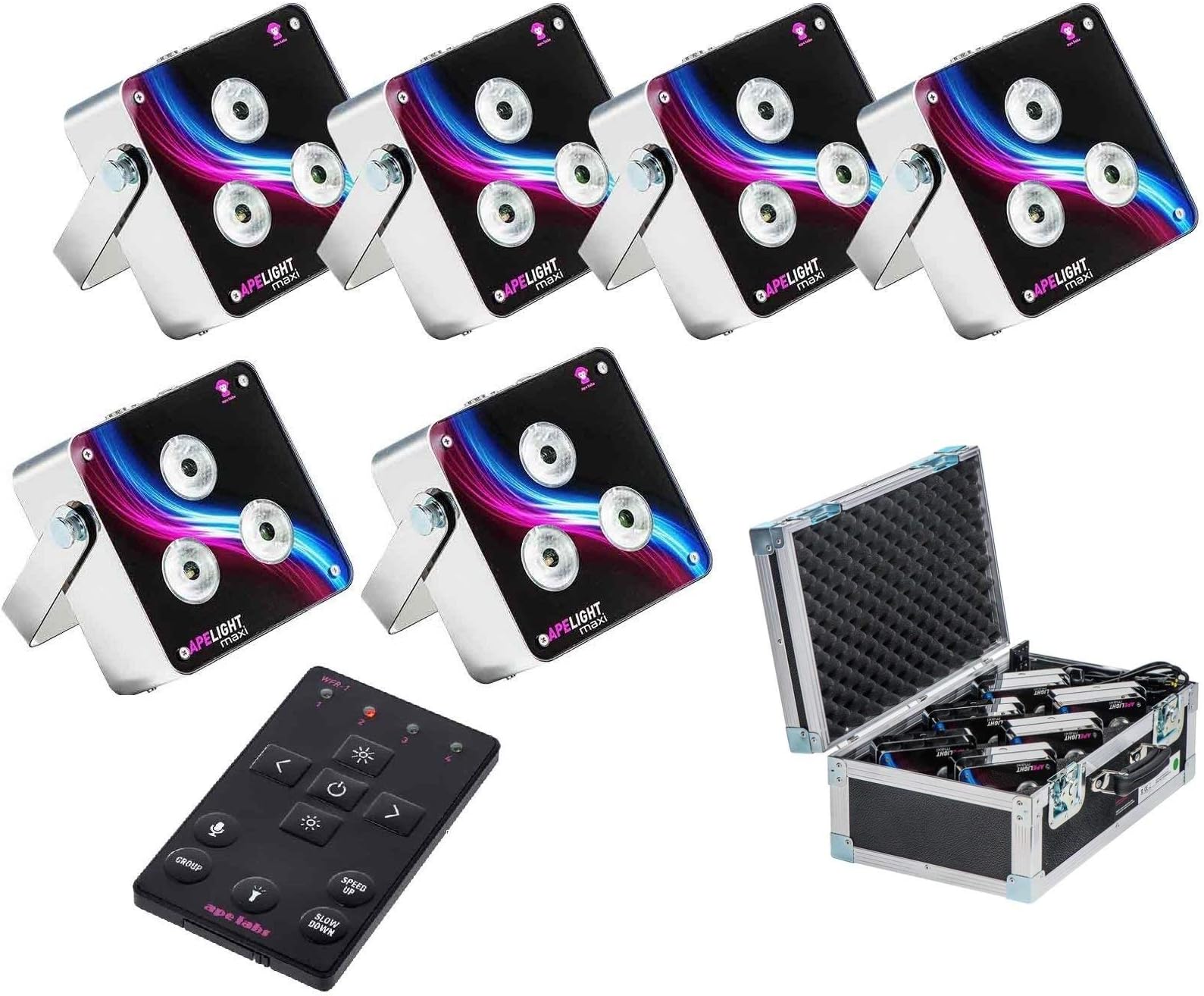 Ape Labs Maxi TourPack (6pc) - German Made, Professional Smart Uplight, 45 Watt RGBW LED Par, Battery Powered w/Wireless DMX & MusikMode, Lighting Package w/Charging Case