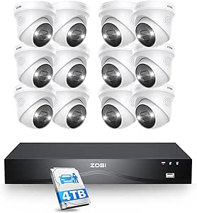 ZOSI 16CH 4K PoE Security Camera System, 12pcs 4K Outdoor Indoor PoE Cameras, Person Vehicle Detection, 2 Way Audio, Sound&Light Siren, Night Vision, 16Channel 8MP NVR with 4TB HDD for 24/7 Recording asin的图片