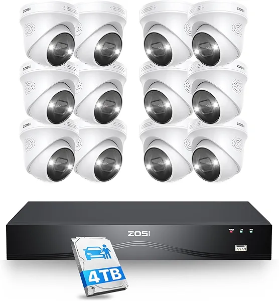 ZOSI 16CH 4K PoE Security Camera System, 12pcs 4K Outdoor Indoor PoE Cameras, Person Vehicle Detection, 2 Way Audio, Sound&Light Siren, Night Vision, 16Channel 8MP NVR with 4TB HDD for 24/7 