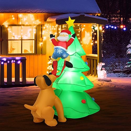 Tangkula Árbol de Navidad inflable, árbol de escalada inflable de Papá Noel perseguido por cachorro perro con tela impermeable y luces LED,
