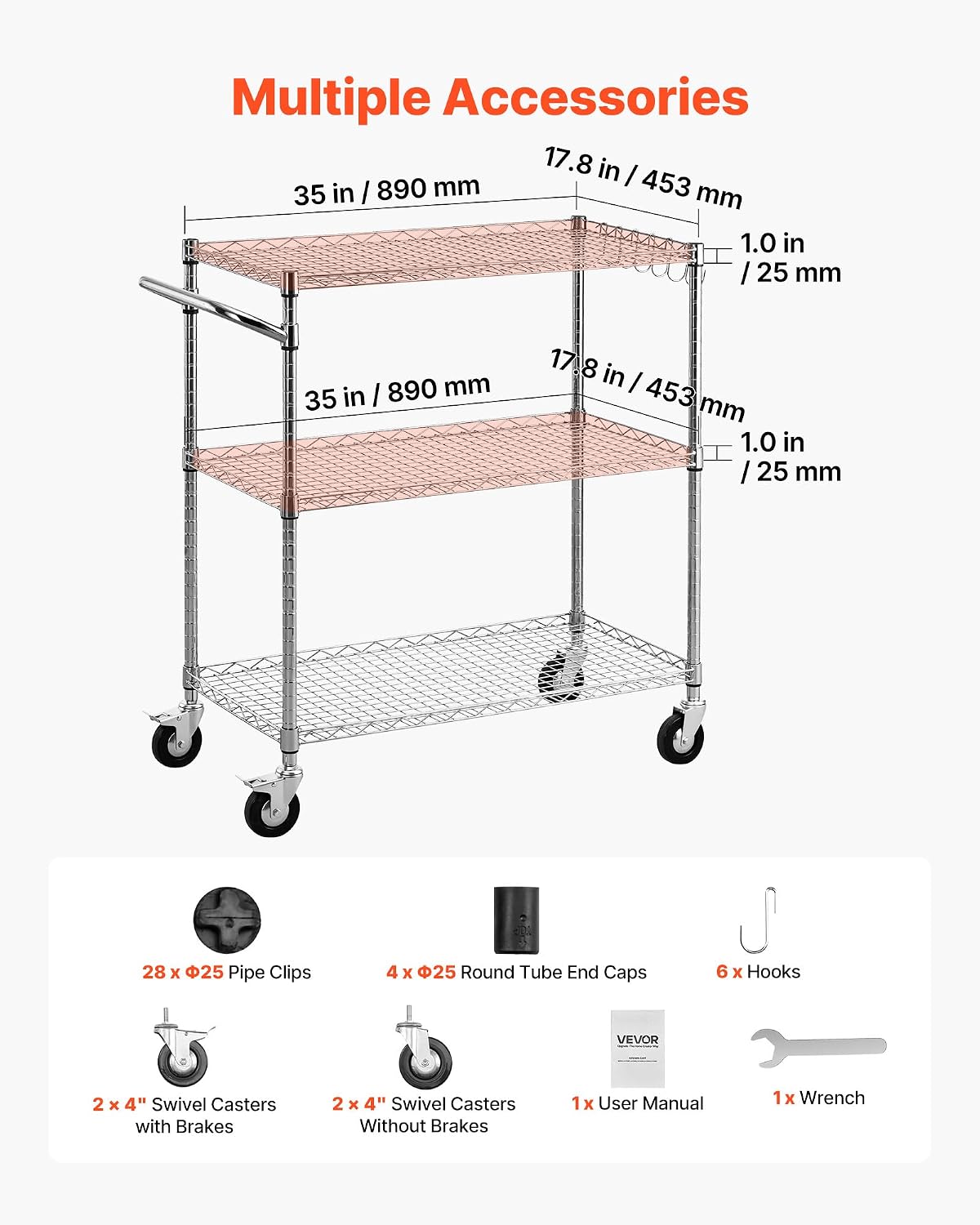 VEVOR Kitchen Utility Cart, 3 Tier Heavy Duty Adjustable Wire Storage Rack, Commercial Steel Rolling Service Trolley on Wheels, Work Table with Handle Bar, for Garage and Laundry Room, 35x17.8x40.9 in
