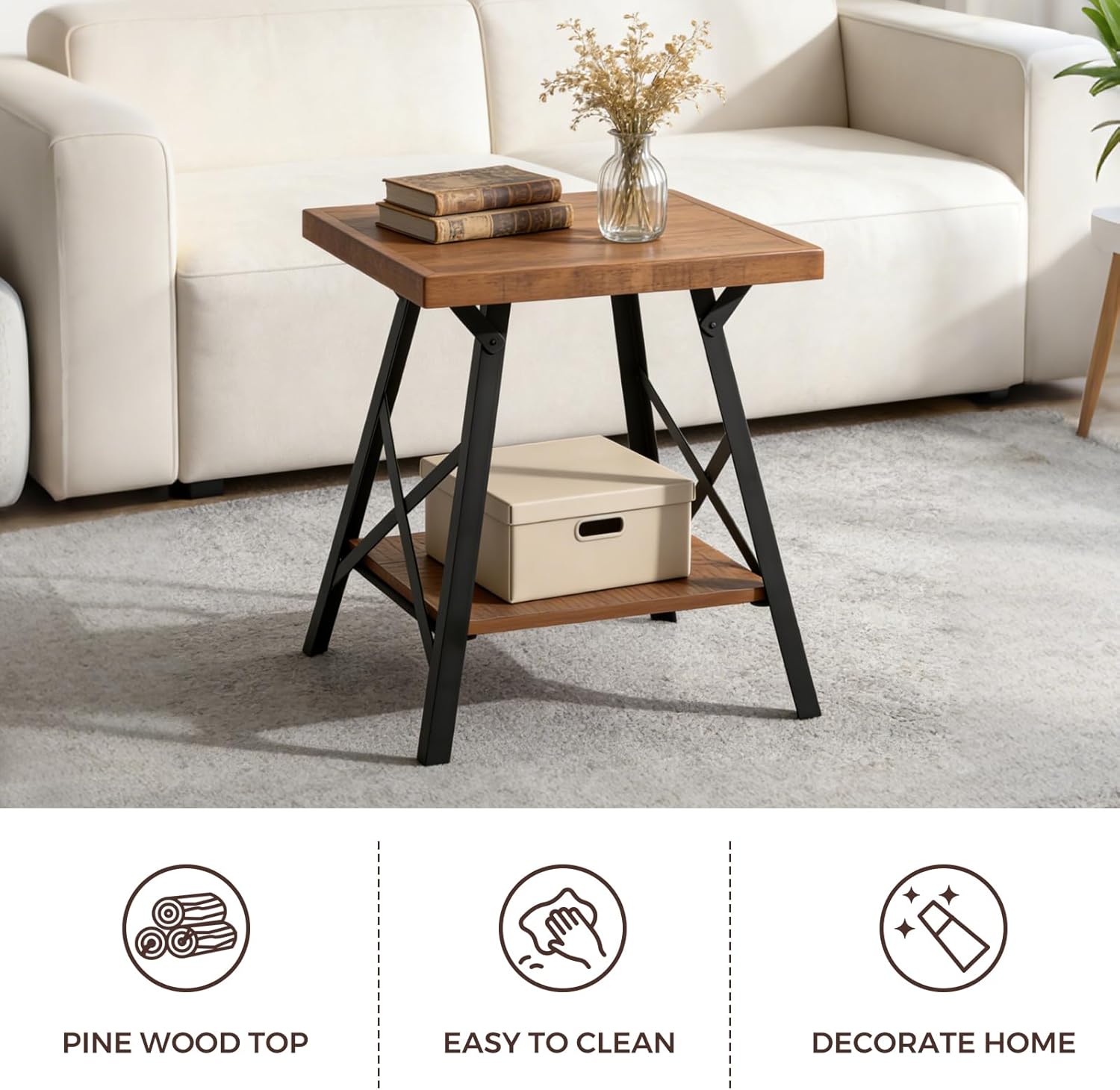 Solid Wood End Table, 2 Tier Square Side Table with Storage Shelf, Solid Pine Top, Sturdy Metal Legs Nightstand for Small Spaces, Living Room, Bedroom, 20 x 20 x 24.8 in, Rustic Brown