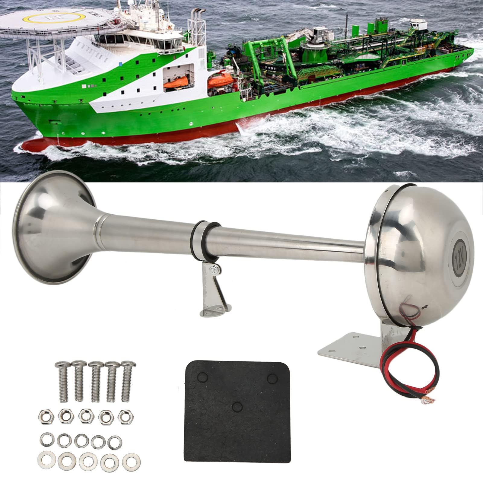 Bocina Marina Eléctrica Laúd Trompeta única 328DB 12V 30W VXH1112MAR-C Bocina de Aire Universal para Barco RV Yate Barco de Acero Inoxidable Bocina de Trompeta única