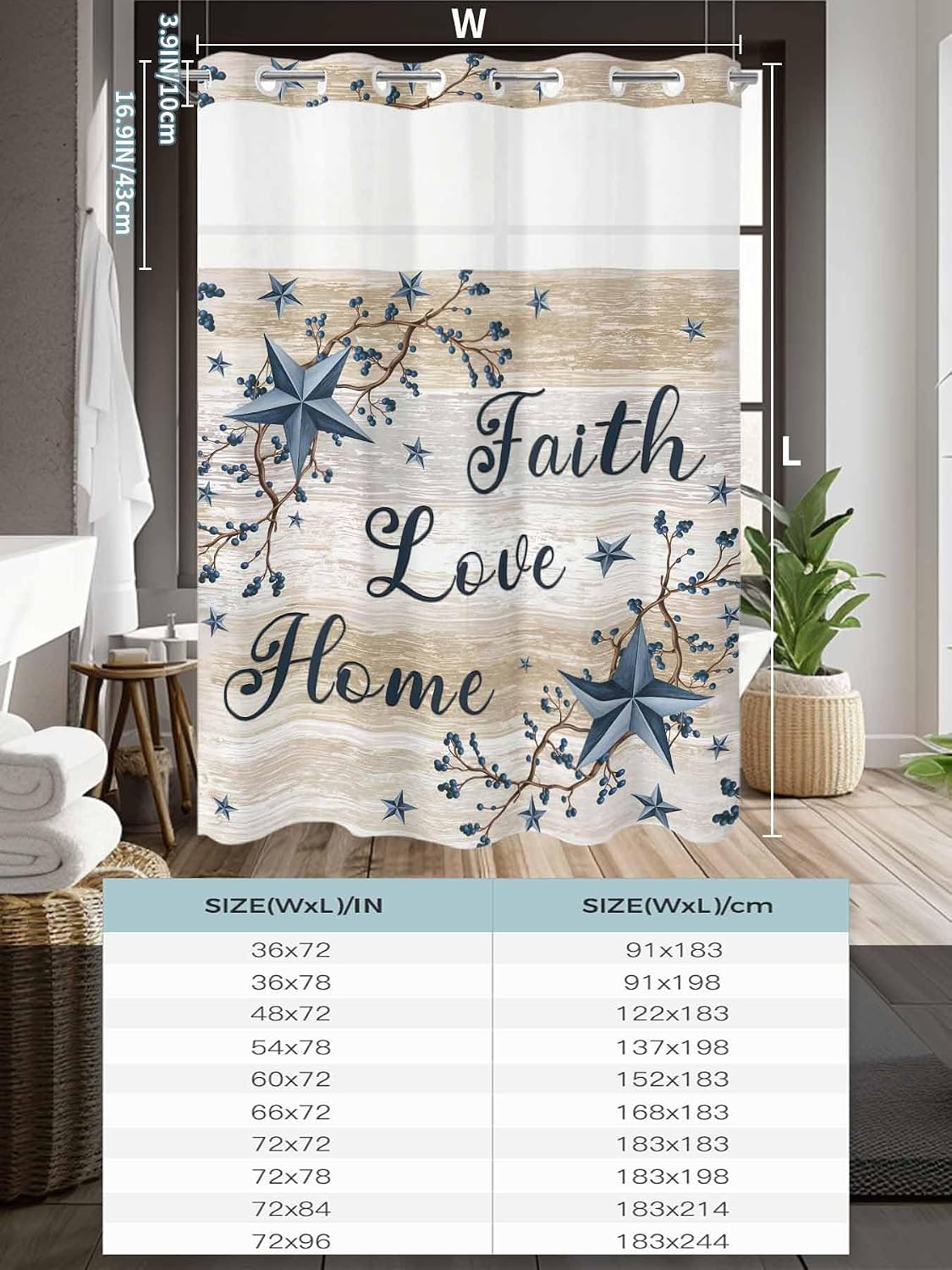 No Hook Shower Curtains with Detachable Snap-in Liner Set, Vintage Country Waterproof Hotel Bathroom Shower Curtain, Blue Rustic Texas Star Vines Wooden Grain Mesh Top Window Bath Curtains 60''x72''