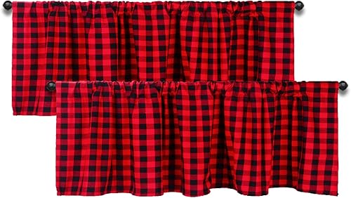 HTFDStar 2 cenefas a cuadros de búfalo, cortinas de ventana a cuadros negros y rojos, cenefas con bolsillo para barra de diseño de granja para