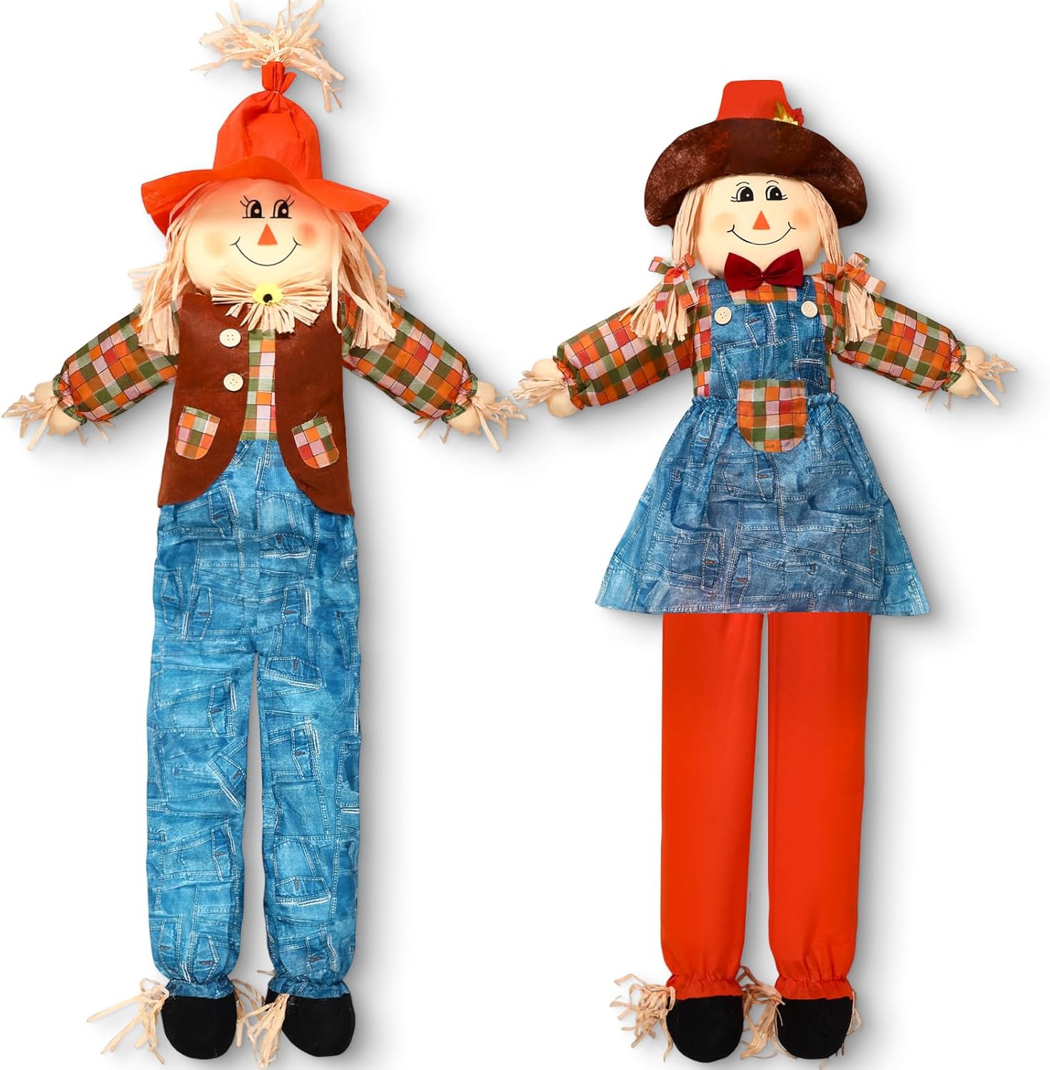 Marsui 1 Pcs 59" Large Outdoor Scarecrow Fall Harvest Thanksgiving Halloween Decoration, Life Size Standing or Sitting Scarecrow Outside Decor for Autumn Garden Yard Porch (Girl)