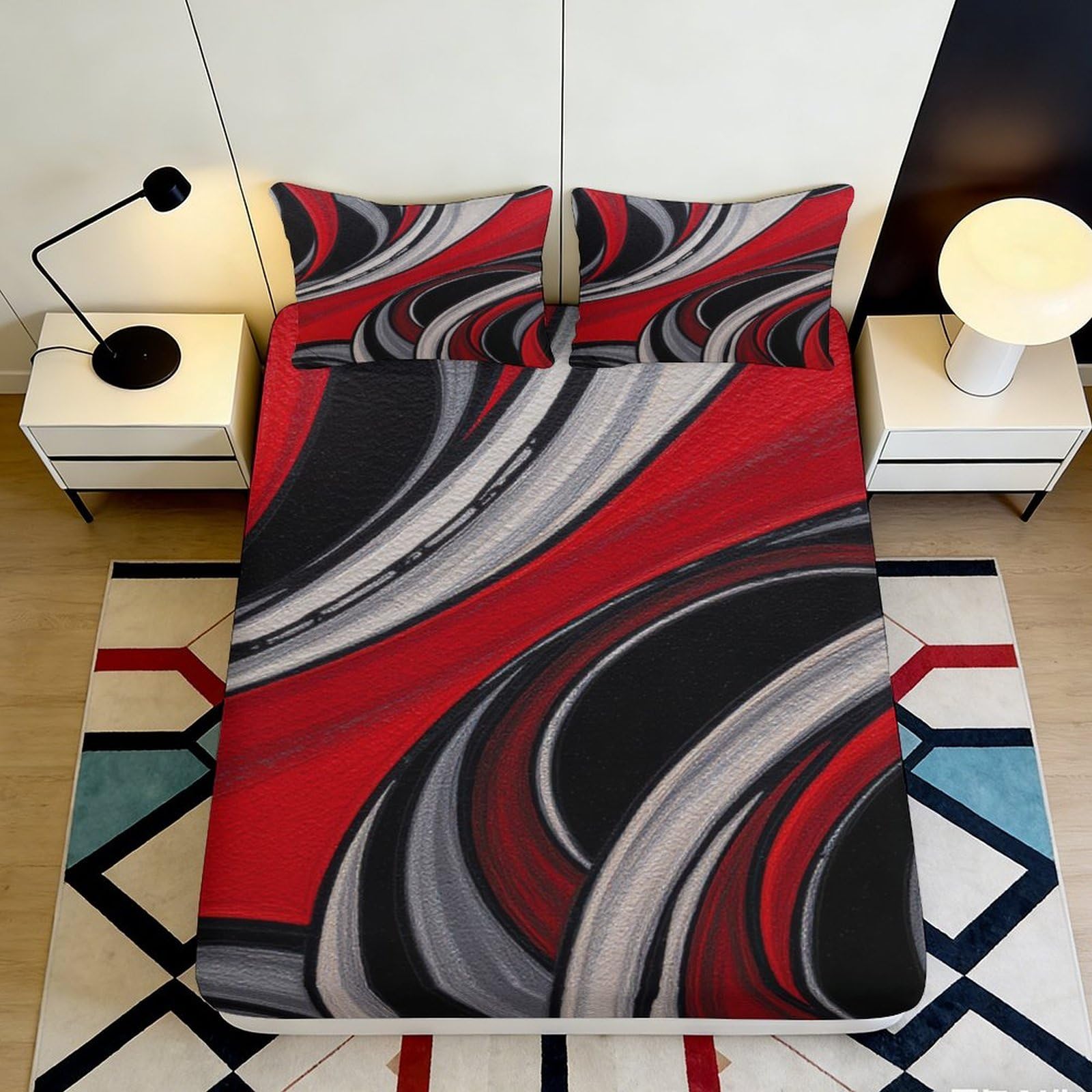3D Printed Abstract Red Black Swirl Fitted Sheet Microfiber Soft Breathable Modern Wave Mattress Cover for Bedroom Dorm Decor 200x200x25cm