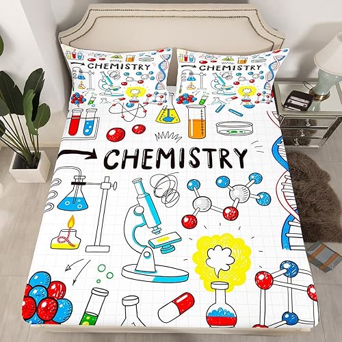 Juego de ropa de cama de química con ecuaciones químicas para niños y niños, estudiantes de ciencias, sábana bajera ajustable, tubo de ensayo,
