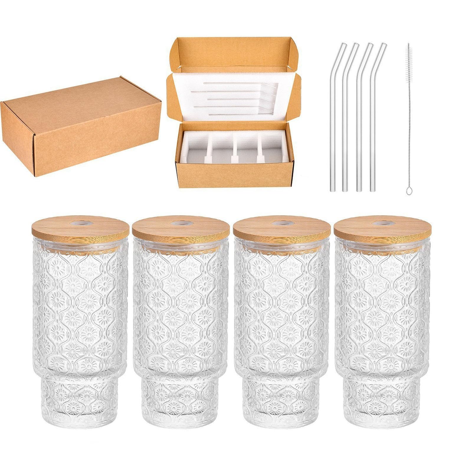 4 vasos con tapas de bambú y popotes, vasos de café de vidrio de 320 ml para jugo, café, whisky, cerveza, cócteles (Begonia)