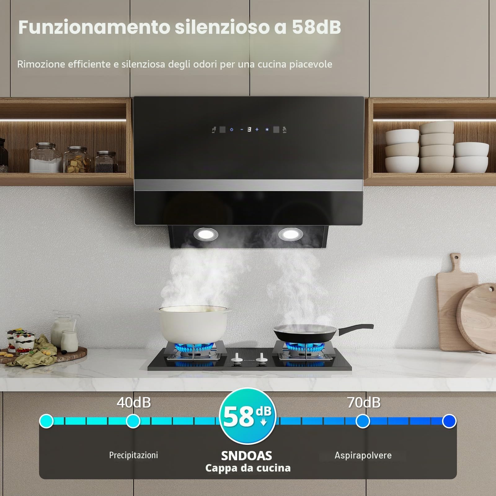 SNDOAS Cappa Aspirante 60 cm, 450 m³/h, Controllo Touch e a Gesti, A+++ | Cappa da Cucina Inclinata con Scarico/Ricircolo, 3 Velocità + Modalità Boost, Silenziosa, LED, Vetro Nero