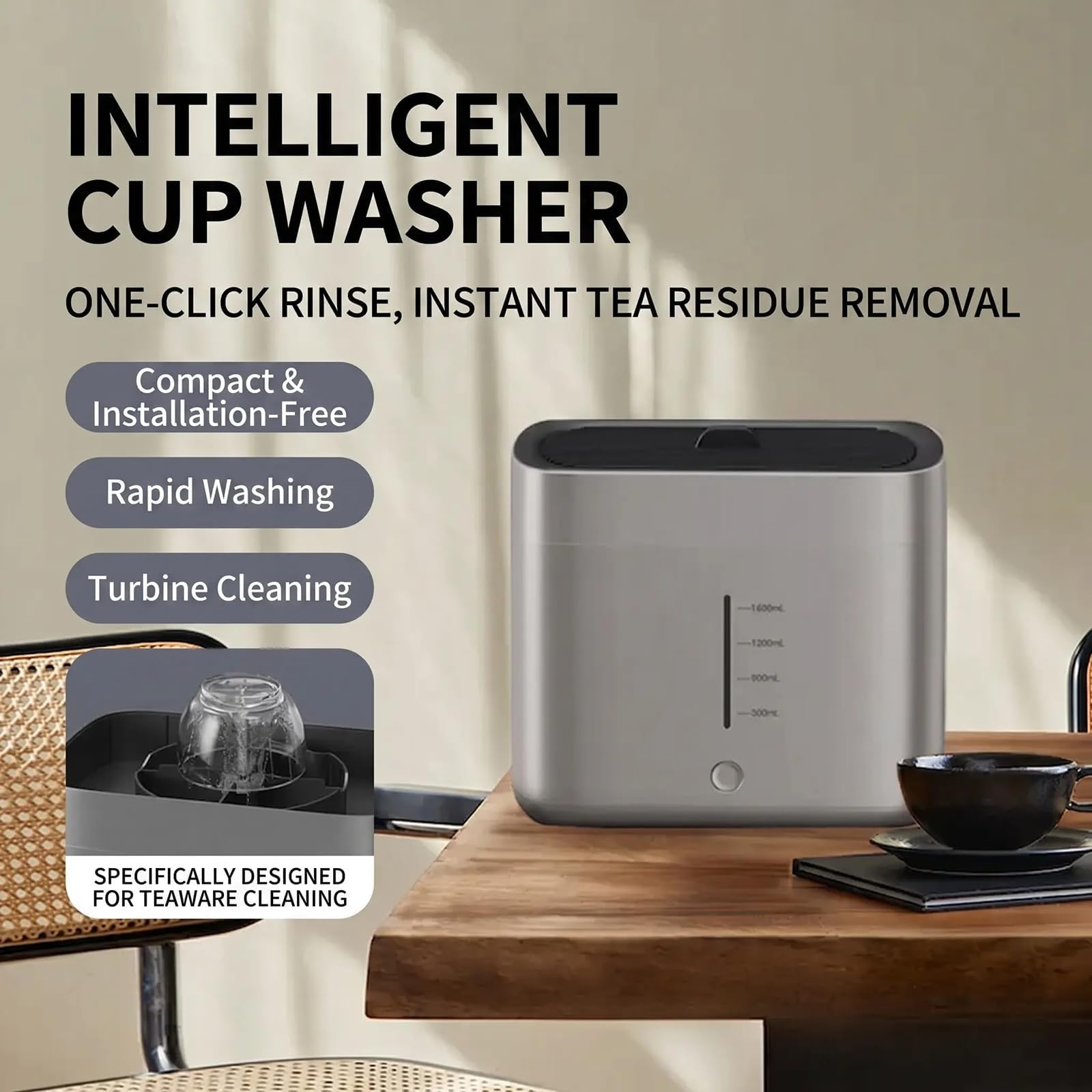 Lavavasos eléctrico portátil, dispositivo de lavado con depósito de agua de 1800 ml, Tazas De 3-10 Cm De Diámetro, ideal para la limpieza de vasos en hogares, bares, cafeterías y oficinas.