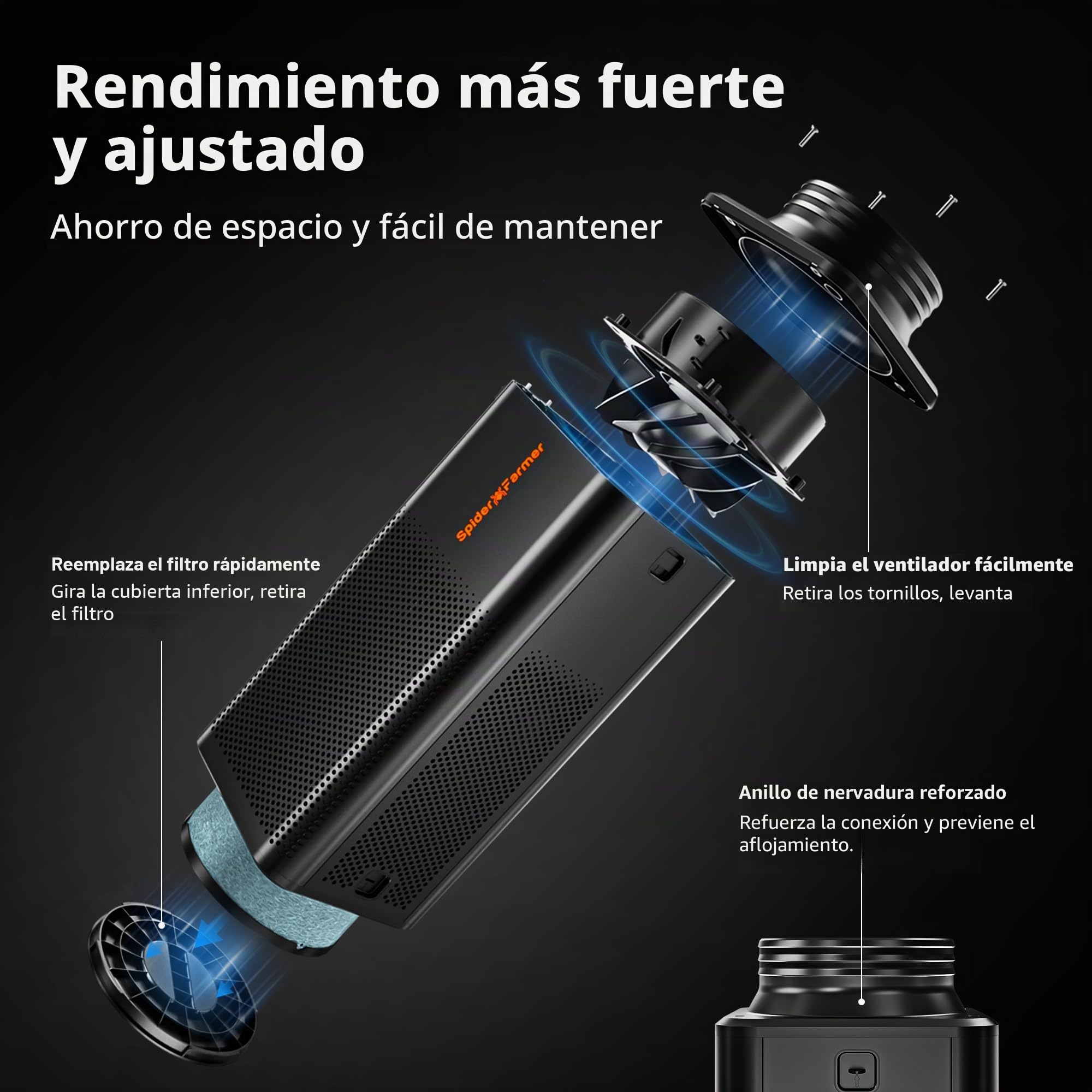 SPIDER FARMER 2 en 1 Filtro de Carbón Activo con Ventilador de Extracción, Ventilador de Conducto de 150 mm/6", 62W, 345 CFM, con Controlador RJ12 para Tienda de Cultivo | Controlador de velocidad RJ12, diseño todo en uno, motor EC 345CFM, filtro de carbó