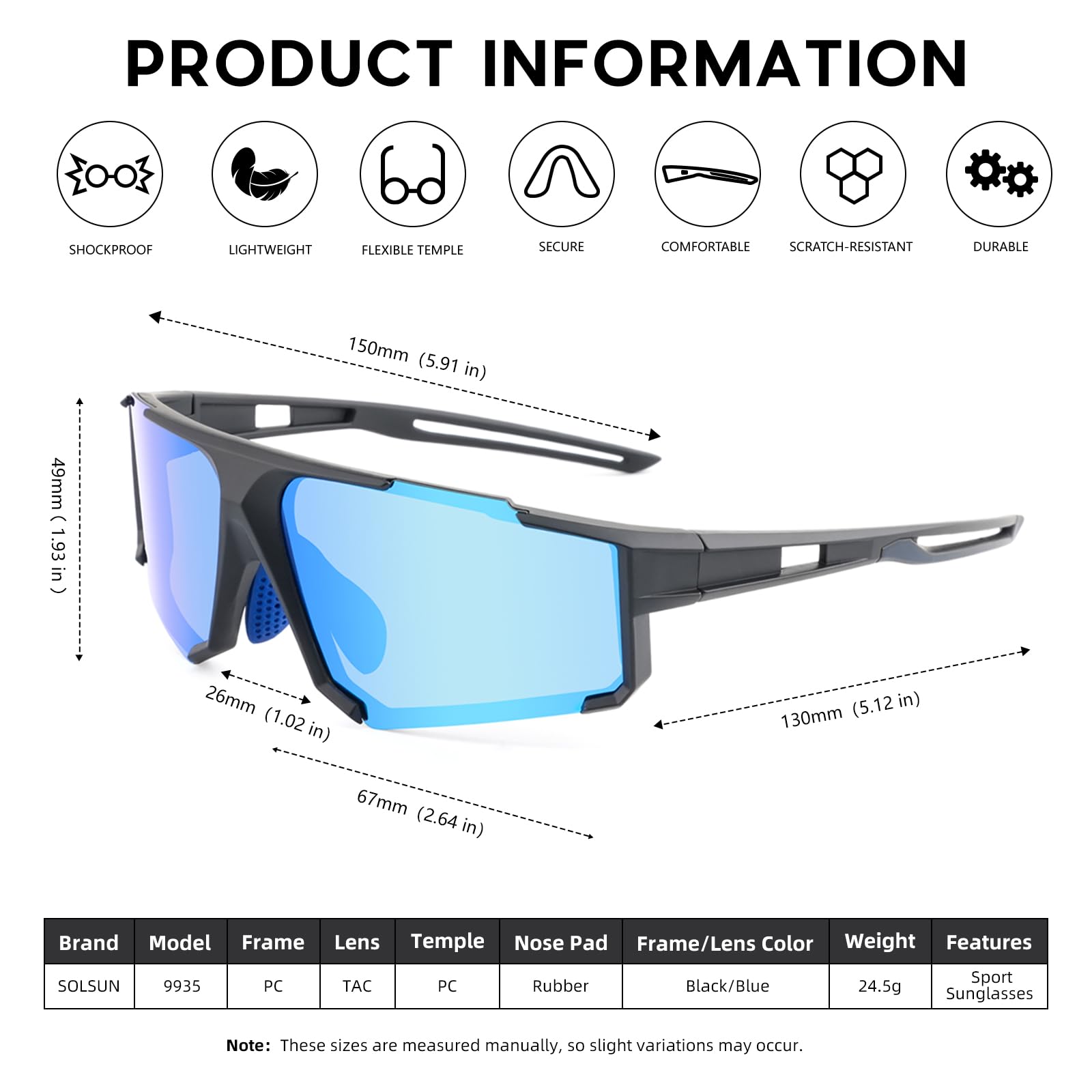 Solsun Sports Polarized Cycling Sunglasses, UV Protection, Wrap Around Design, for Men and Women (Black Frame-Blue Lens)