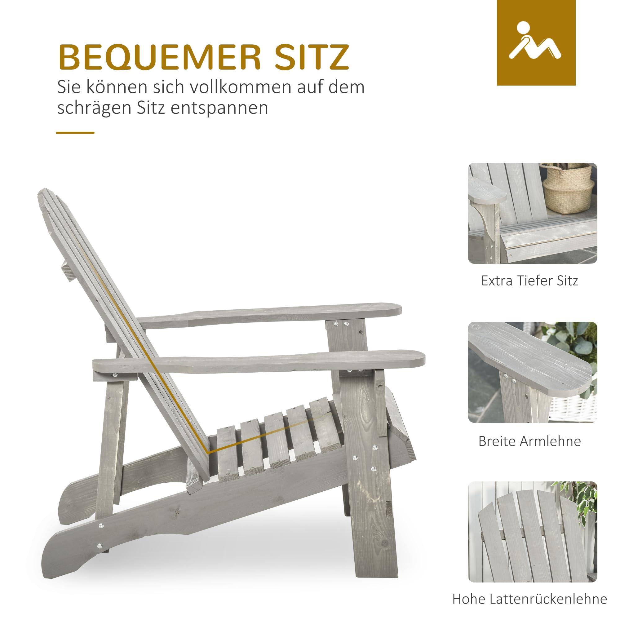 Outsunny Adirondack Stuhl wetterfest Adirondack Chair aus Holz Outdoor Gartenstuhl mit Hoher Rückenlehne Armlehnen Balkonstuhl Gartensessel für Garten, Terrasse Balkon 78 x 89 x 88 cm Hellgrau