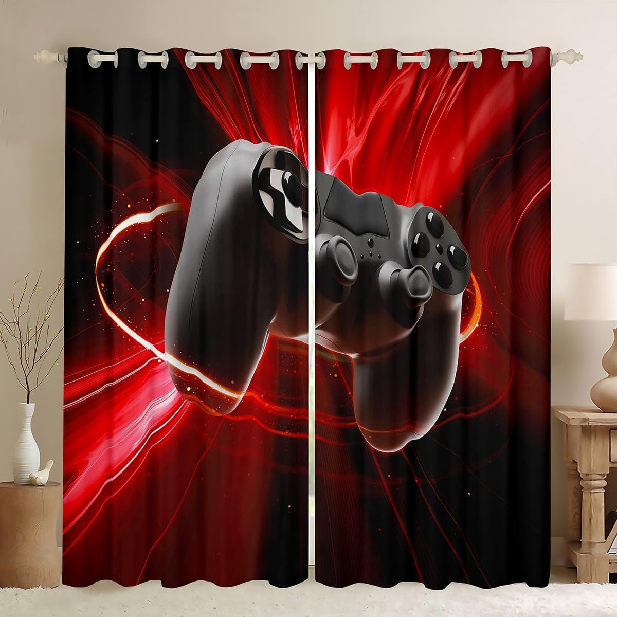 Erosebridal Red and Black Gaming Window Curtains, Video Game Gamer Curtains & Drapes for Boys Kids Bedroom Room Decor, Gaming Console Gamepad Window Treatments 2 Panels, 42 x 63 Inch