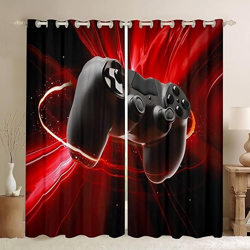 Boys Games Room Window Curtain Red Black Gaming Console Window Curtain for Bedroom Video Game Gamepad Window Curtain for Kids Girls Teens Modern Gamer Game Controller Window Drapes, 76"X54"