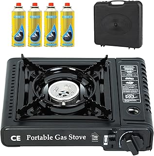 Top Home Solutions® Camping Stove - Portable Gas Stove Black With Carry Case & 4 Butane Gas Canisters, Heat Control, EN417 Compliant, Auto Ignition, Camping Cooker for Picnic, Garden & Outdoor