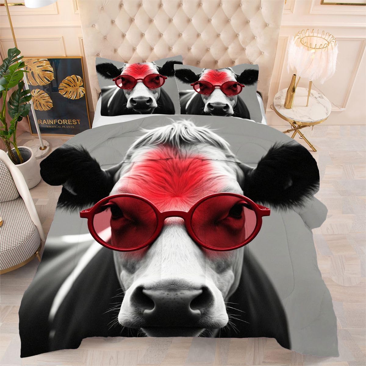 Couette lavable en machine 240x260 parure lit microfibre anti-transpiration motif vache