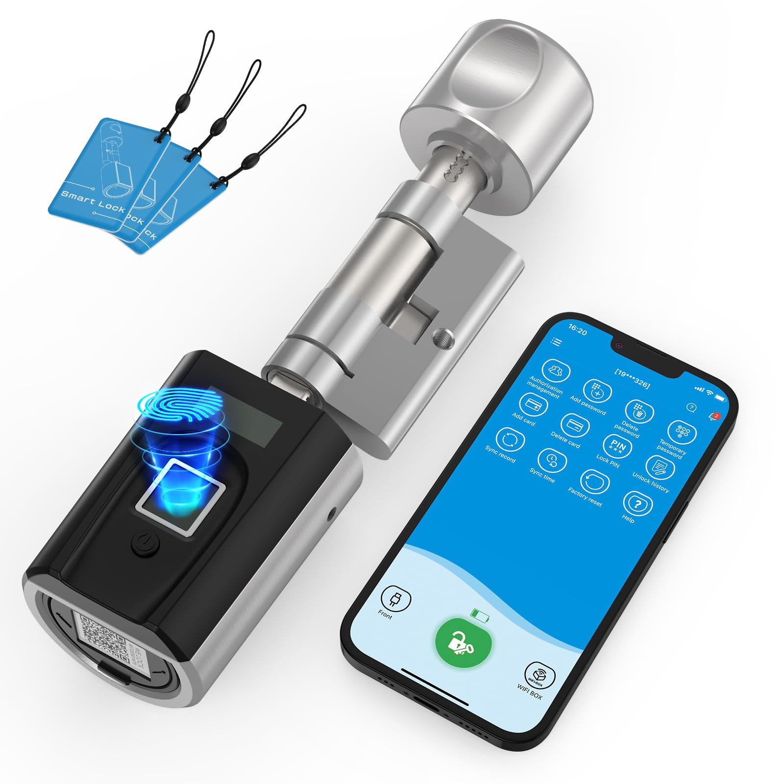 RUILON SECBN51 Fingerprint Door Lock with 3 RFID Cards, 30/30 Smart Lock for 30-70 mm Front Door, Keyless Entry, APP Control