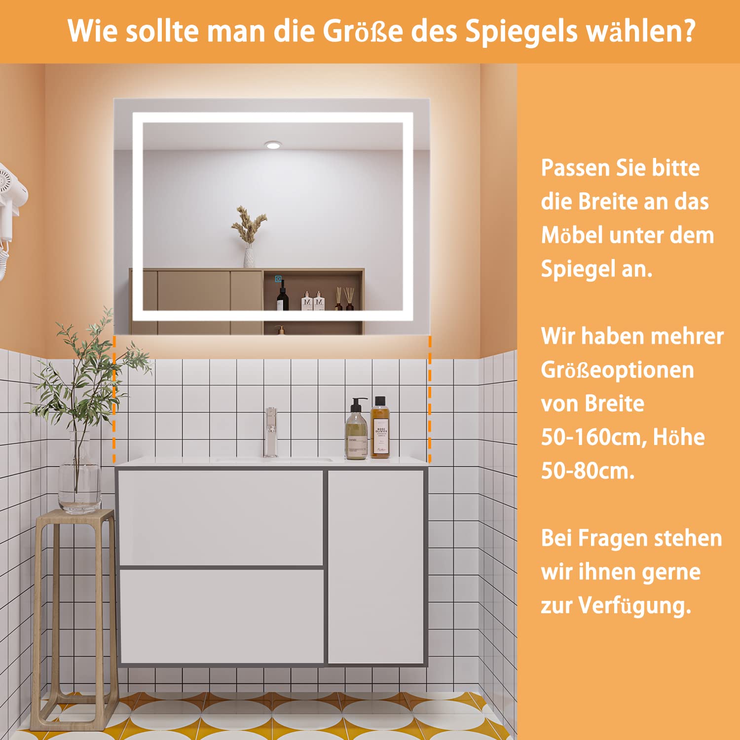 Aica Sanitär Badspiegel mit Beleuchtung 60×40cm Touch Wandschalter Kaltweiß dimmbar Memory-Funktion Badezimmerspiegel Spiegel Energiesparend Lichtspiegel IP44
