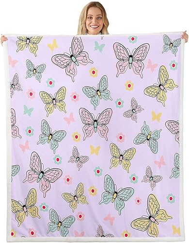Butterfly Throw Blanket Watercolor Butterflies Fleece Blanket Floral Mauve Cozy Throws for Bed Couch Sofa, Kids Boys Girls Room Decor, Soft and