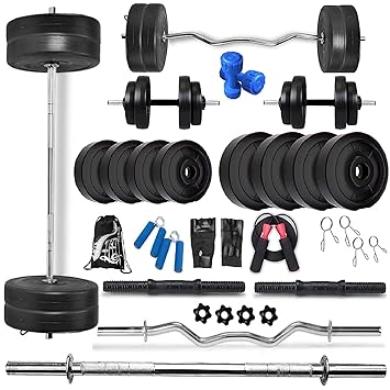 BODYFIT Home Gym Combo Set, Gym Equipments, [8Kg-100 Kg], 3ft Curl, 5Ft Straight Rod + One Pair Dumbbell Rods, PVC Dumbbell Plates, Weight Plates, Home Gym Kit, Exercise Set. (20KG Combo Set) - Black