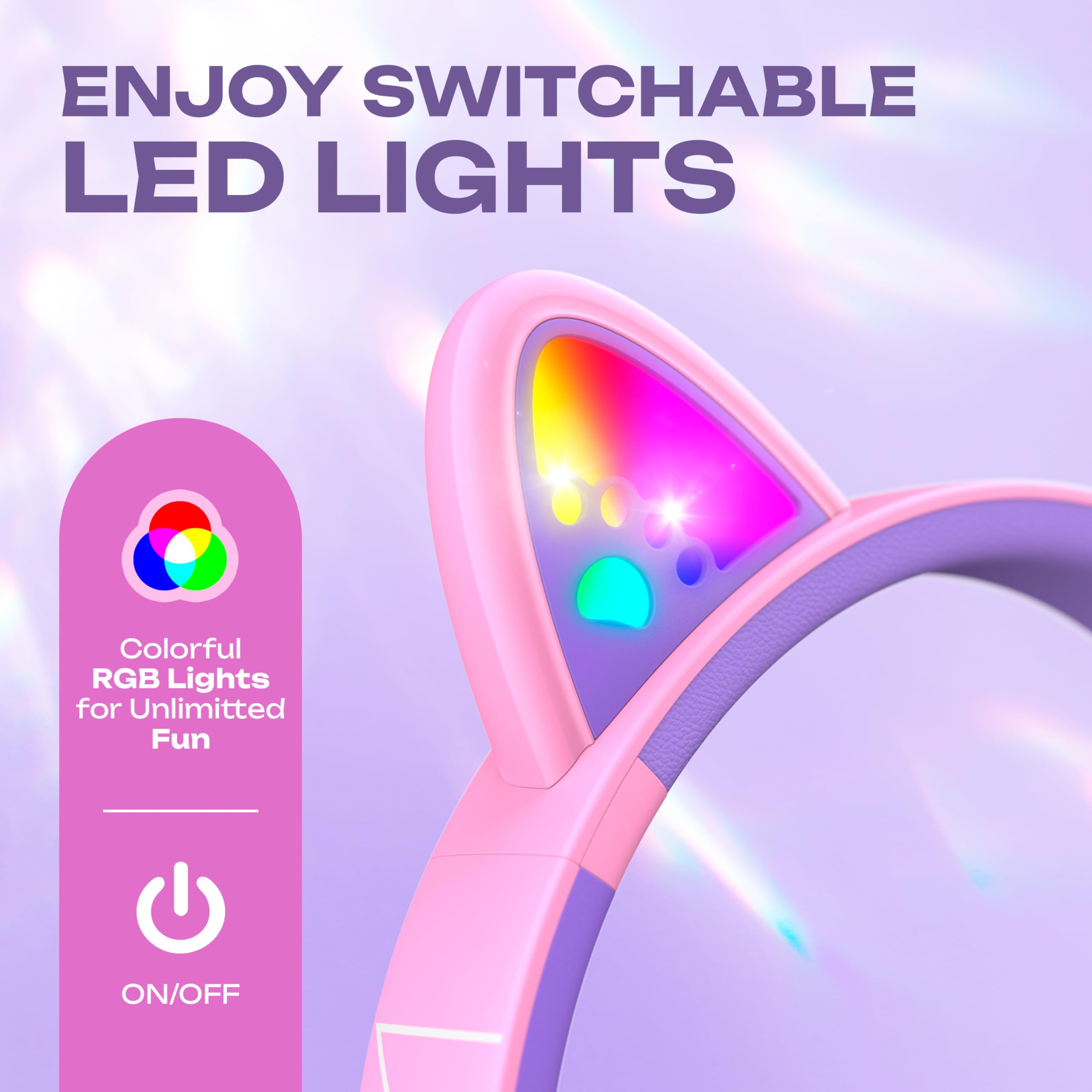 PowerLocus Kids Wireless Headphones, Cat Ear LED Lights, 74/85/94dB Volume Limited, Kids Bluetooth Headphones Over Ear - Image 3