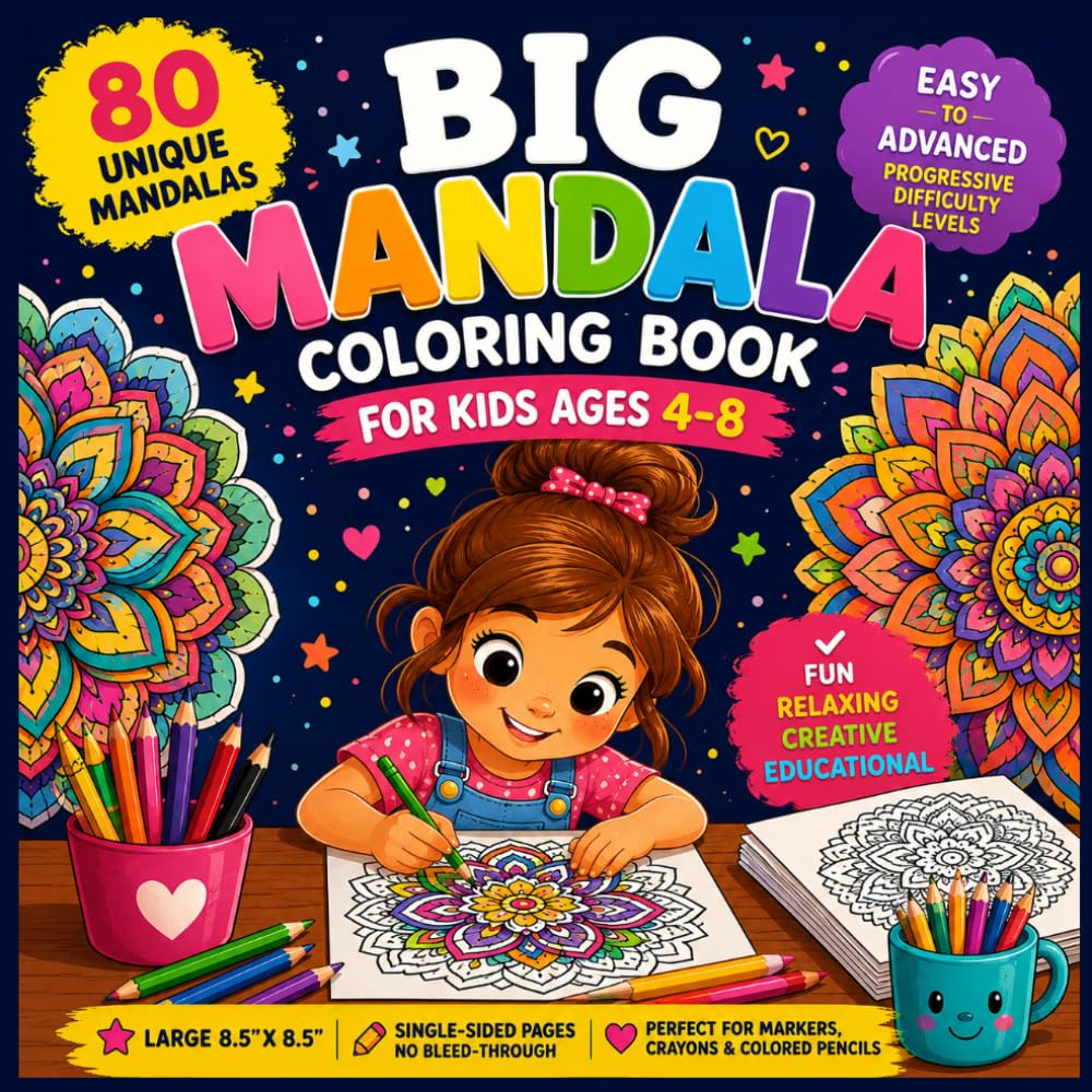 Big Mandala Coloring Book for Kids Ages 4–8: 80 Fun and Easy Mandalas • Progressive Difficulty Levels • Single-Sided Pages for Creative Coloring