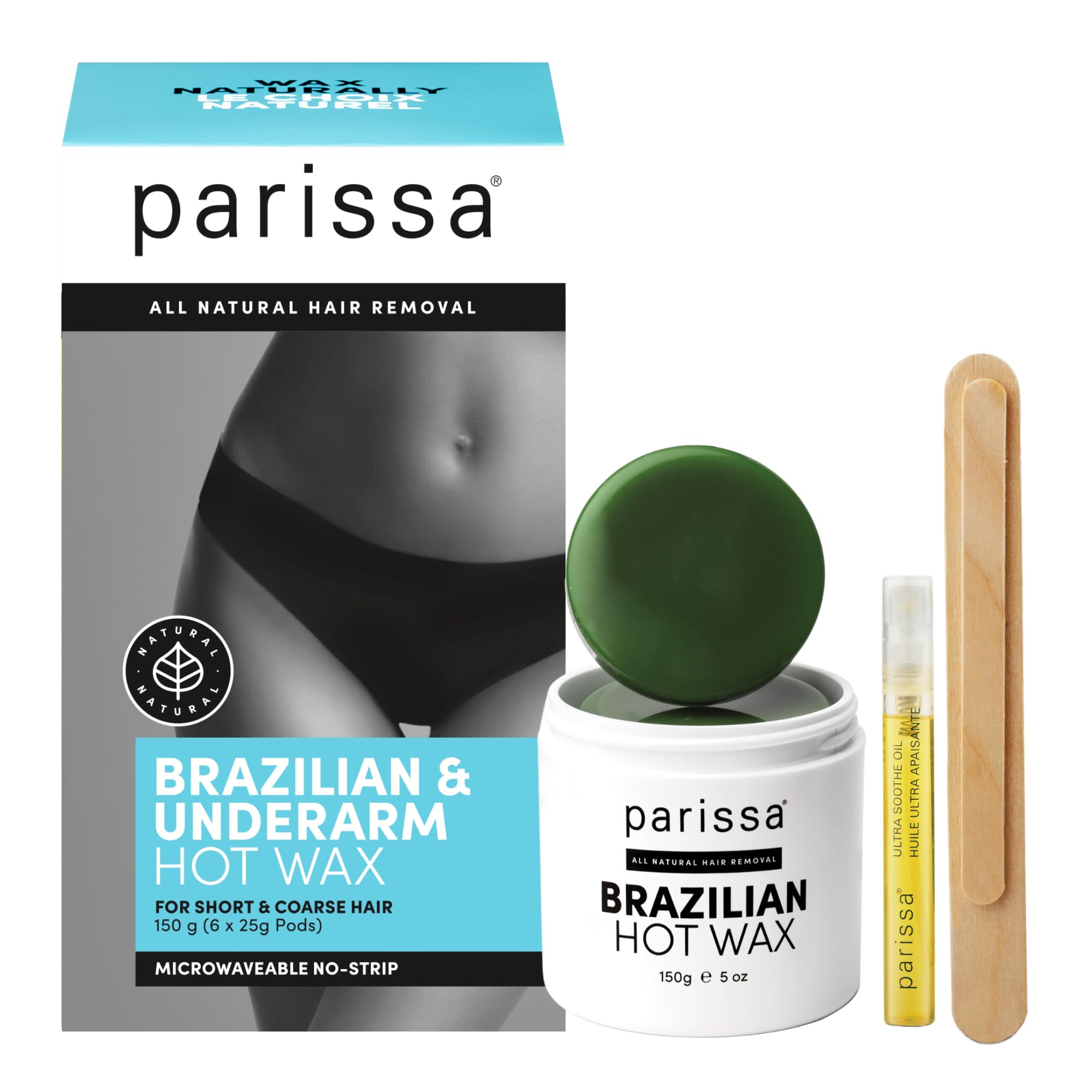 Parissa Brazilian Hot Wax Kit | No-Strip Hard Wax for Coarse Hair with Natural | Microwavable Formula | At-Home Hair Removal for Bikini, Underarms & Body with Post-Wax Ultra Soothe Oil| 150g (5 Oz)