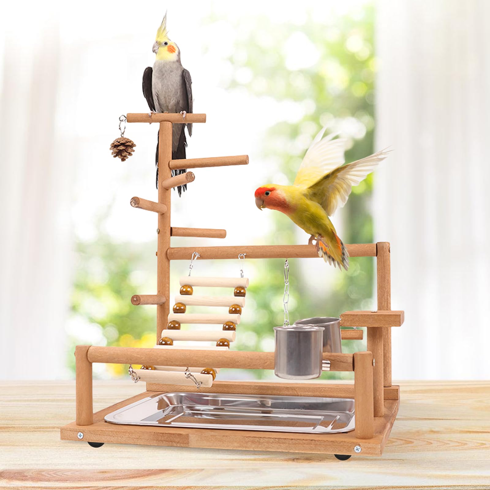 Vogelspielzeug, Papageienspielzeug, Wellensittich Spielzeug, Spielplatz Mit Feeder-Cup Spielzeug Leiter Erklimmen Schaukel Und Tablett Vogelschaukel Sitzplatz Für Sittiche Nymphensittich, 37x26x44CM