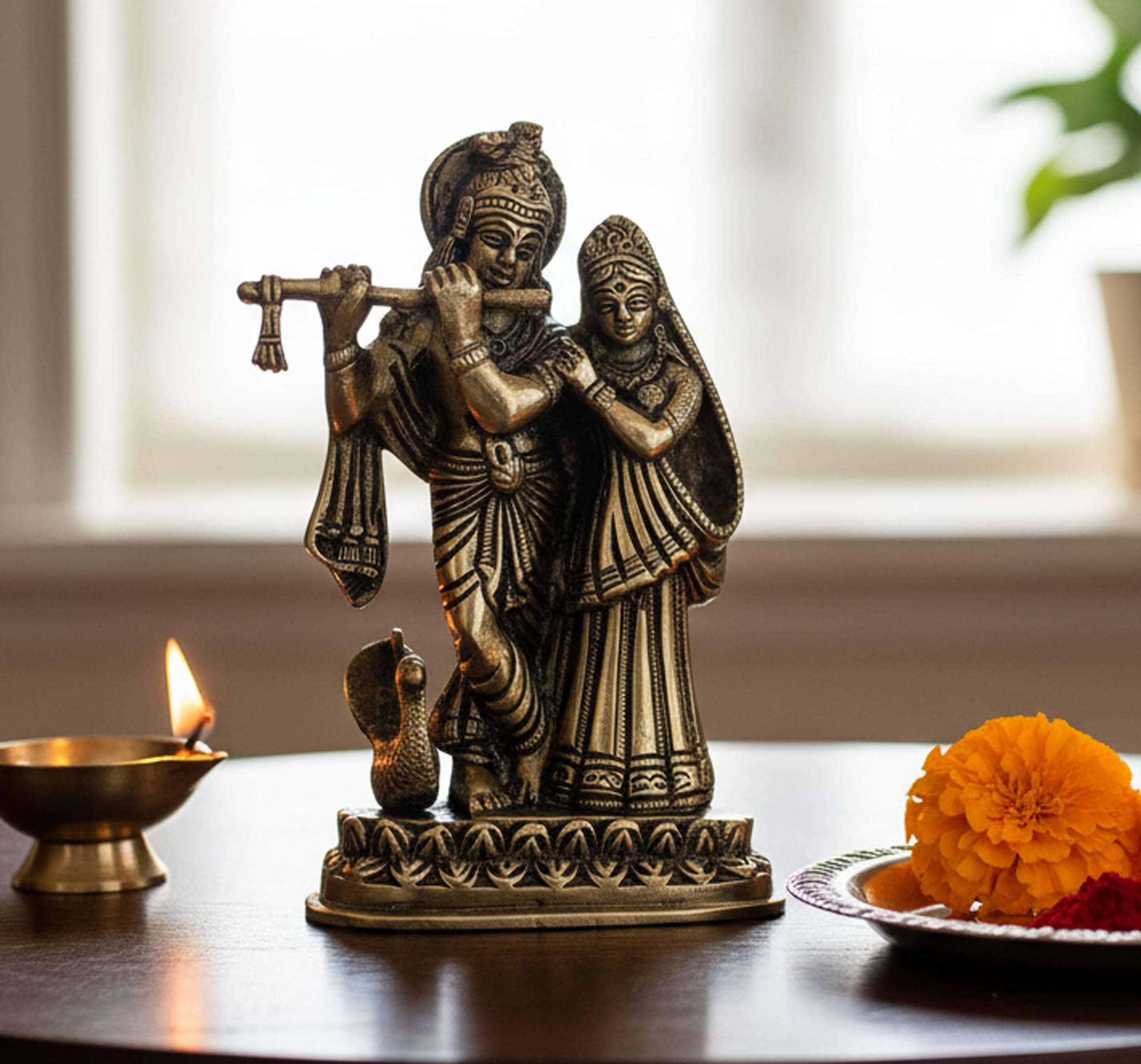 StonKraft - Radha Krishna Pair Murti Idol Statue Sculpture - Brass - 6" - Antique