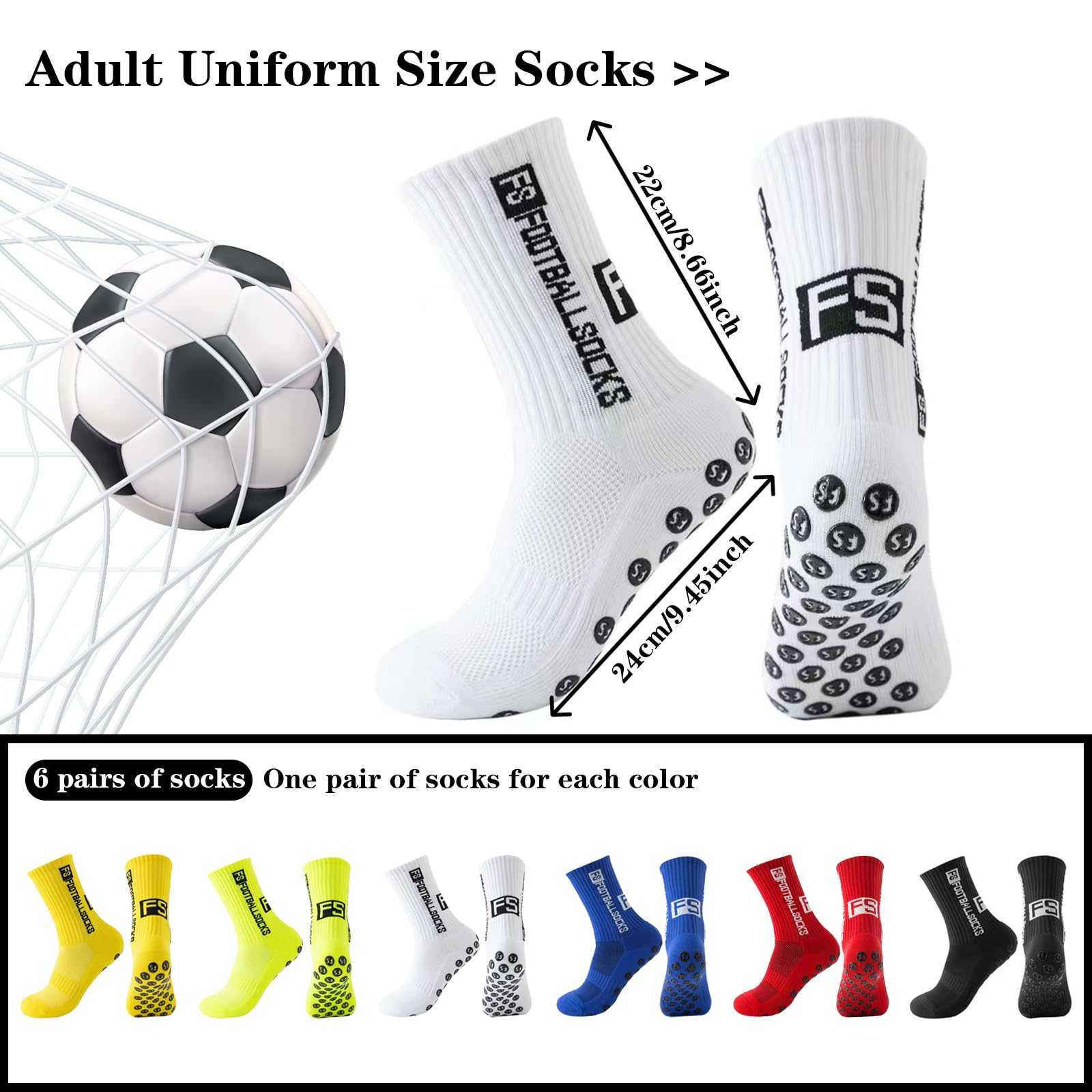 4 Paires de chaussettes de sport de football antidérapantes, Chaussettes de Football Respirant, chaussette foot (Blanc + Bleu + Couleur Fluorescente + Jaune)