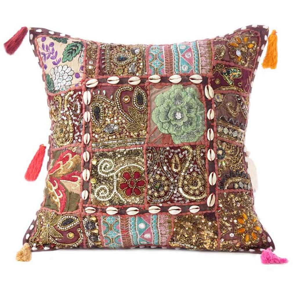 Eyes of India Colorful Decorative Sofa Throw Patchwork Cushion Couch Pillow Cover Case Bohemian Accent Indian Boho Chic Handmade (Brown, 16" x 16") โ image 1
