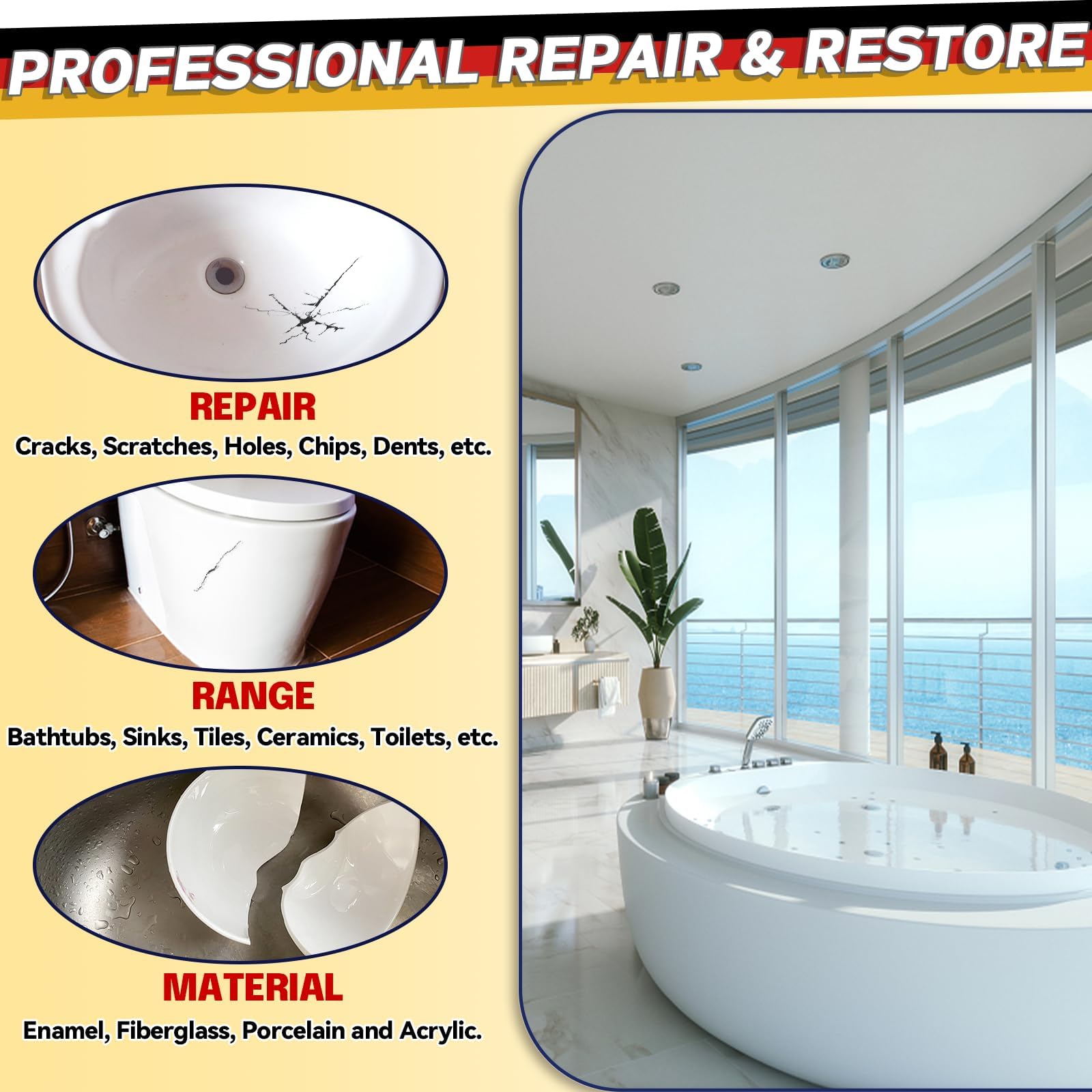 Bath Tub Repair Kit, Fiberglass Tile and Shower Repair Kit Porcelain Repair Kit, Bathtub Repair Kit Repair Chips Dents Cracks Scratches from Ceramic, Marble, Quartz, Resin, Acrylic — view 4