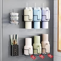 Aufworld Magnetic Stanley Cup Holder for Fridge - Fits 20/30/40oz Tumblers with Handle, Lid & Straw Organizer, Space-Saving Kitchen Rack (Black)