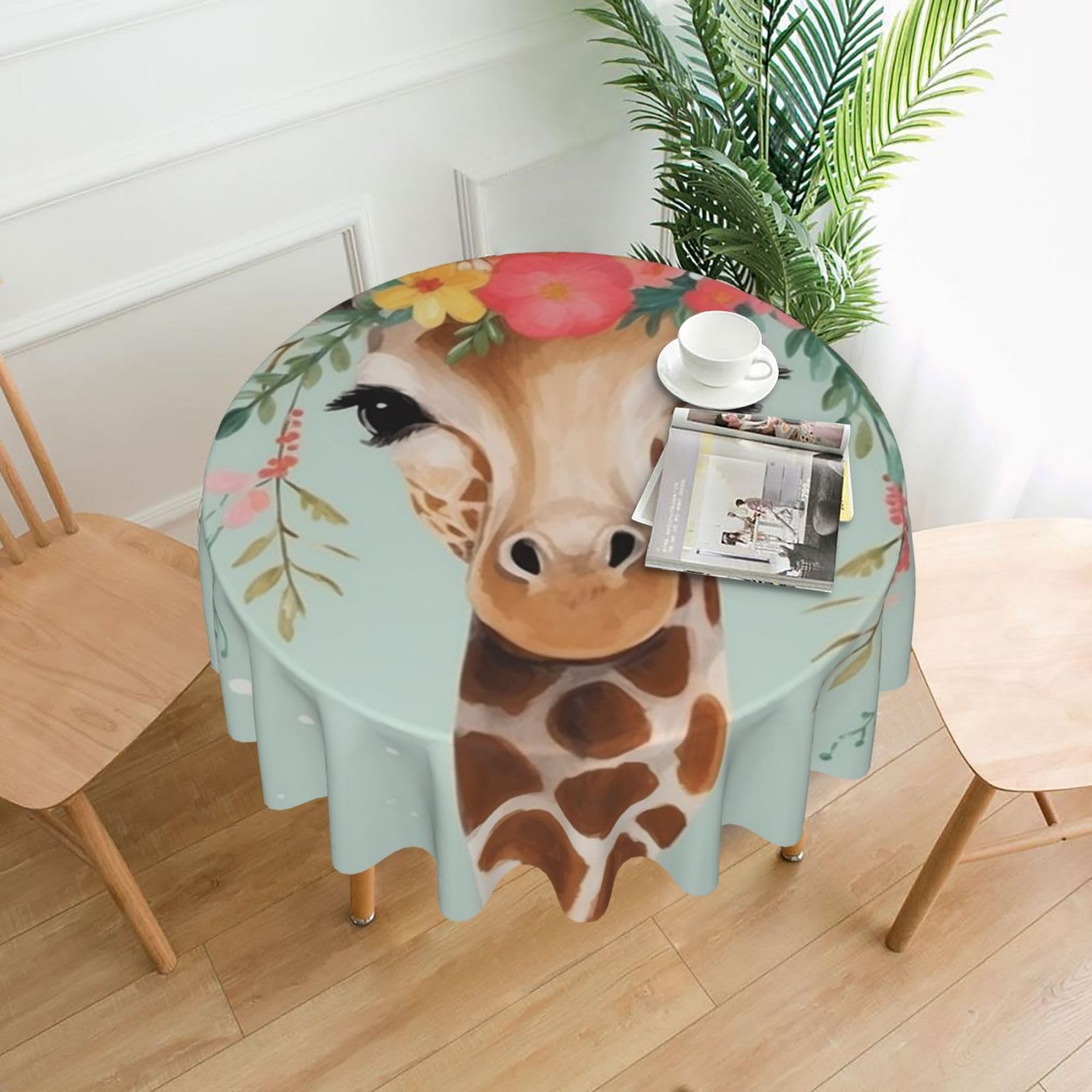 Fodpand Black Giraffe With Floral Tablecloths For Round Tables 60 Inches - Reusable And Washable Kitchen Table Clothes Decorative Table Cover For Dining Tables, Buffet Parties, Wrinkle Resistant