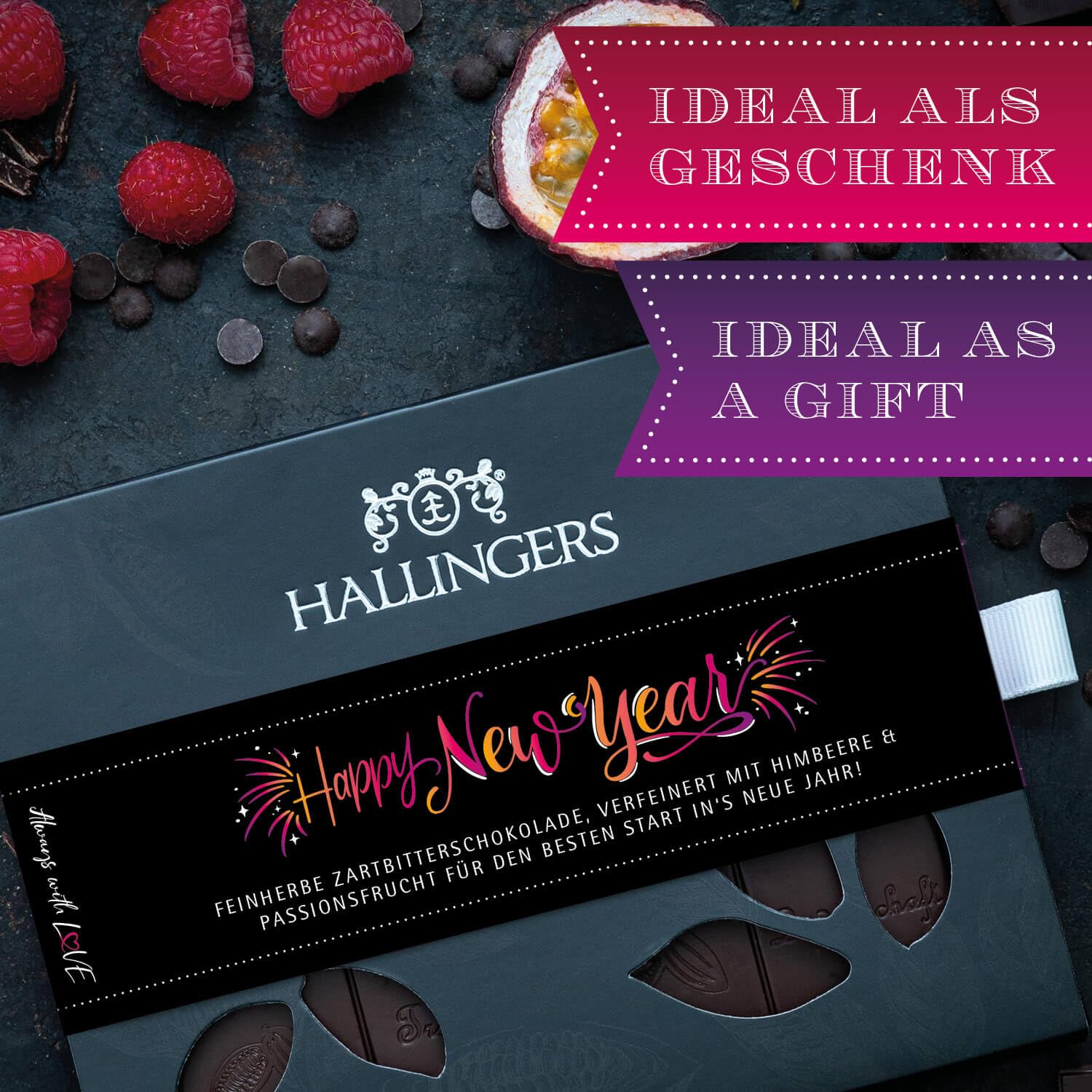 Hallingers Genuss Manufaktur Vegane Schokolade Weihnachts-Geschenk - Tafel handgeschöpfter Edelkakao ohne Alkohol edler Karton 10x "Happy New Year ..." Himbeer-Maracuja, Weihnachten für Frauen Männer