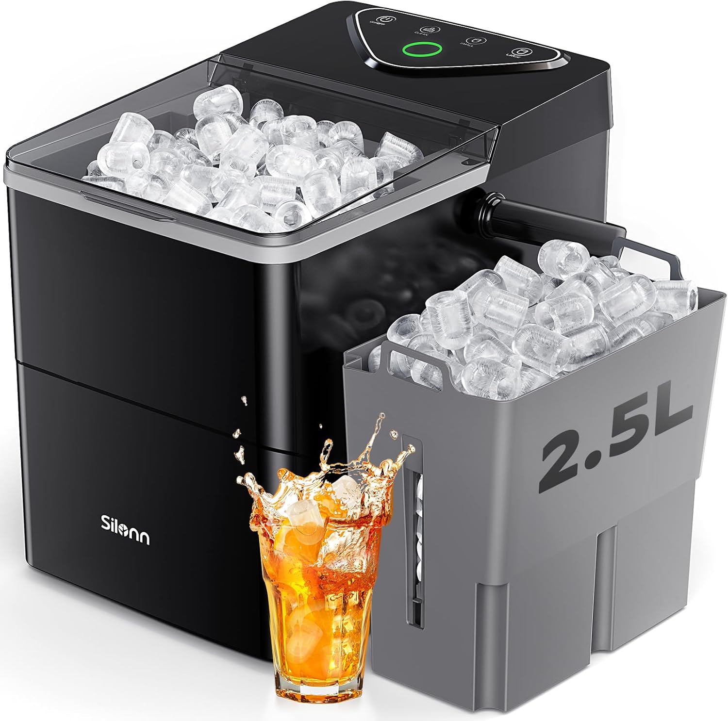 Silonn Countertop Ice Maker with Expanding Ice Basket, 9 Cubes in 6 Mins, 2.5L Ice Basket, Self-Cleaning Ice Maker with LED Touch Control, 2 Bullet Ice Sizes for Home, Kitchen, Office Black with Expanding Ice Basket