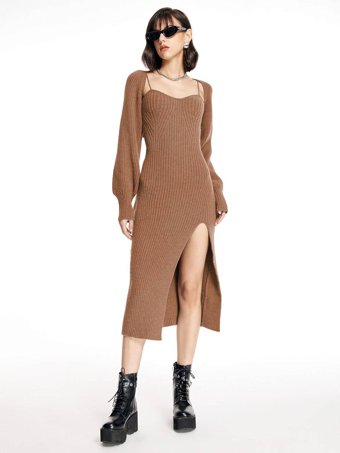 CIDER 2 Piece Sweater Dresses for Women Winter Slit Long Sleeve Womens Midi Dress Pullover Bodycon Wedding Guest Outfits - Image 2