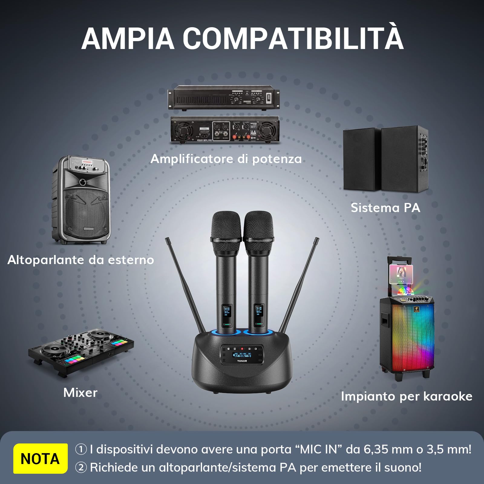 TONOR Microfono Wireless Ricaricabile, Sistema Doppio Microfono Palmare UHF in Metallo con Ricevitore Bluetooth, Portata UHF 80 m per Karaoke Domestico, Chiesa, Feste, DJ, Matrimoni TW790 Nero