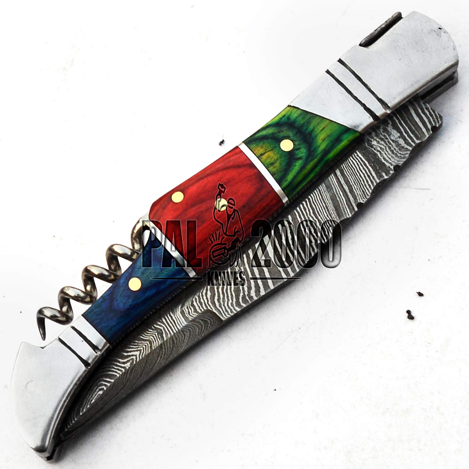 SPSR bellissimo coltello artigianale in acciaio damasco fatto a mano con fodero e apribottiglie vini e champagne garanzia di alta qualità 9691
