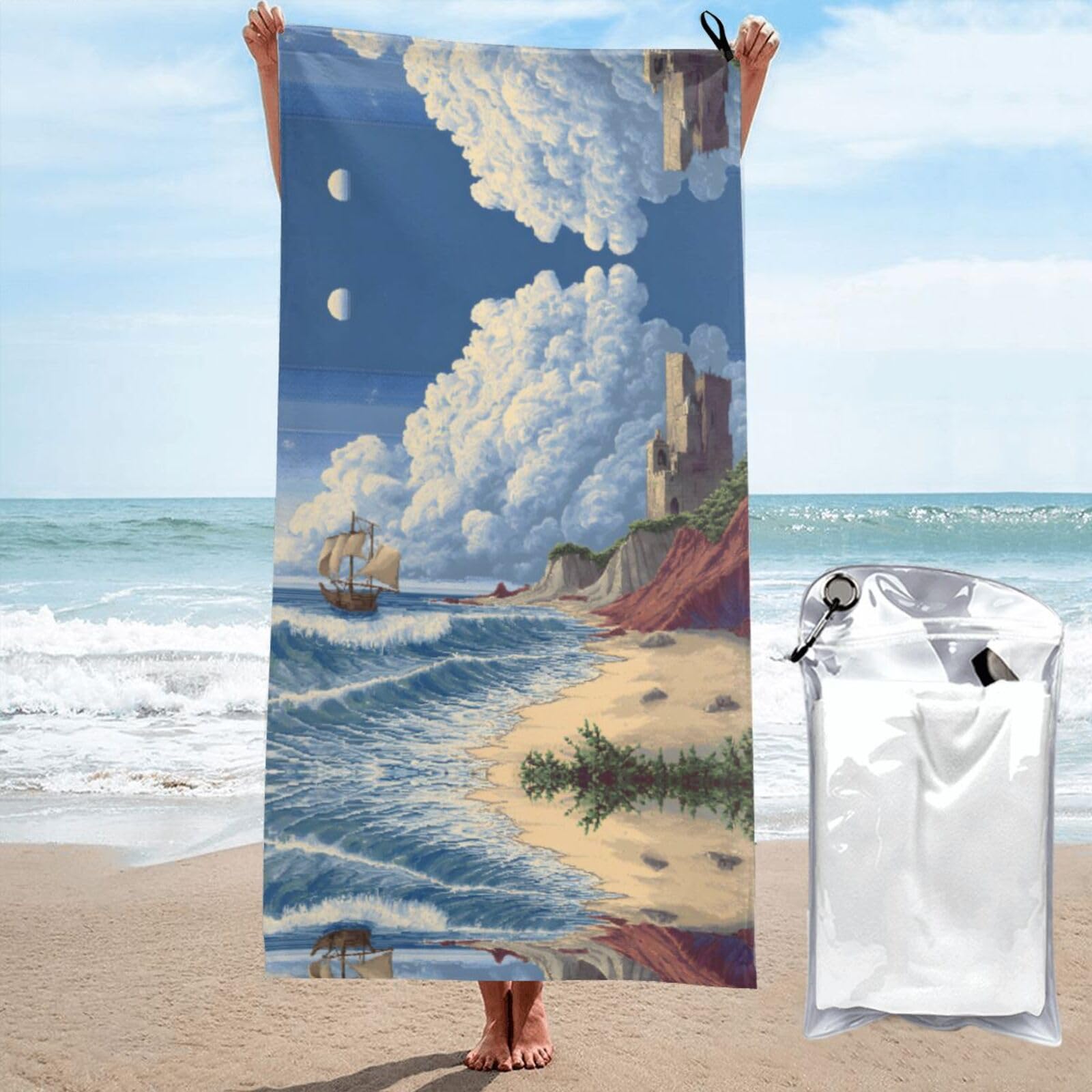 ESNAIUVCD Seaside Scenery Print Beach Towel, Microfibre Sauna Towel, Quick-Drying Fitness Towel, Lightweight And Thin Portable Sauna Towel