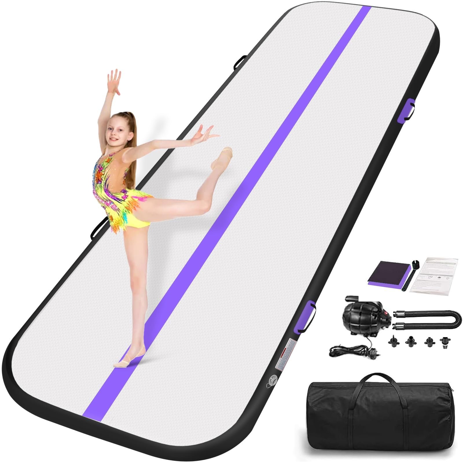 Air Gymnastics Tumbling Mat, 6.6ft/10ft/13ft/16ft/20ft Inflatable Track Mat for Home/Outdoor Training, 4 inch Thick Gym Mat with Electric Pump for Kids & Adults