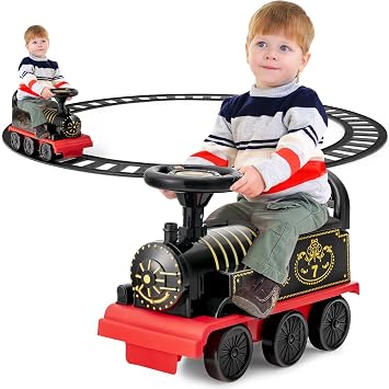 Costzon Ride on Toys, 6V Electric Ride on Train with Tracks, Storage Seat, Flashing Lights & Music, Backrest, Anti-tilt Device, Gift for Toddler Boys & Girls, Battery Powered Ride on Car Black