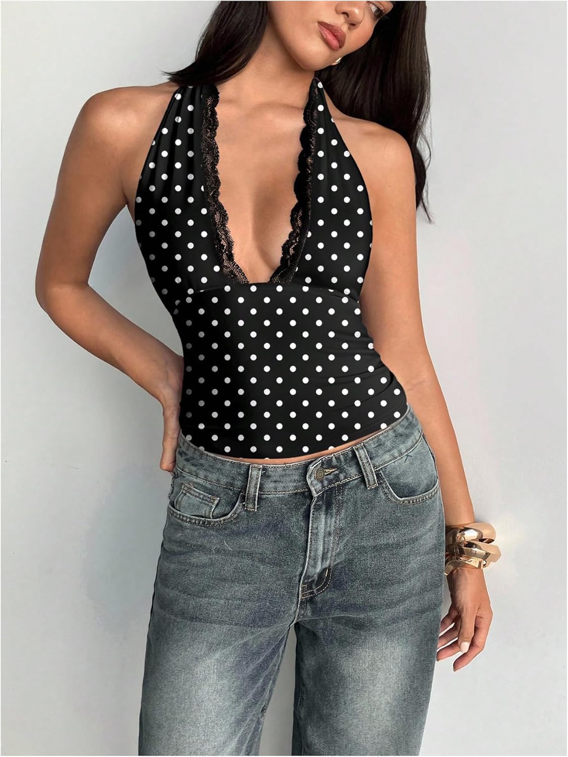 WDIRARA Women's Polka Dots Halter Top Lace Trim Deep V Neck Tie Backless Tank Tops - Image 2