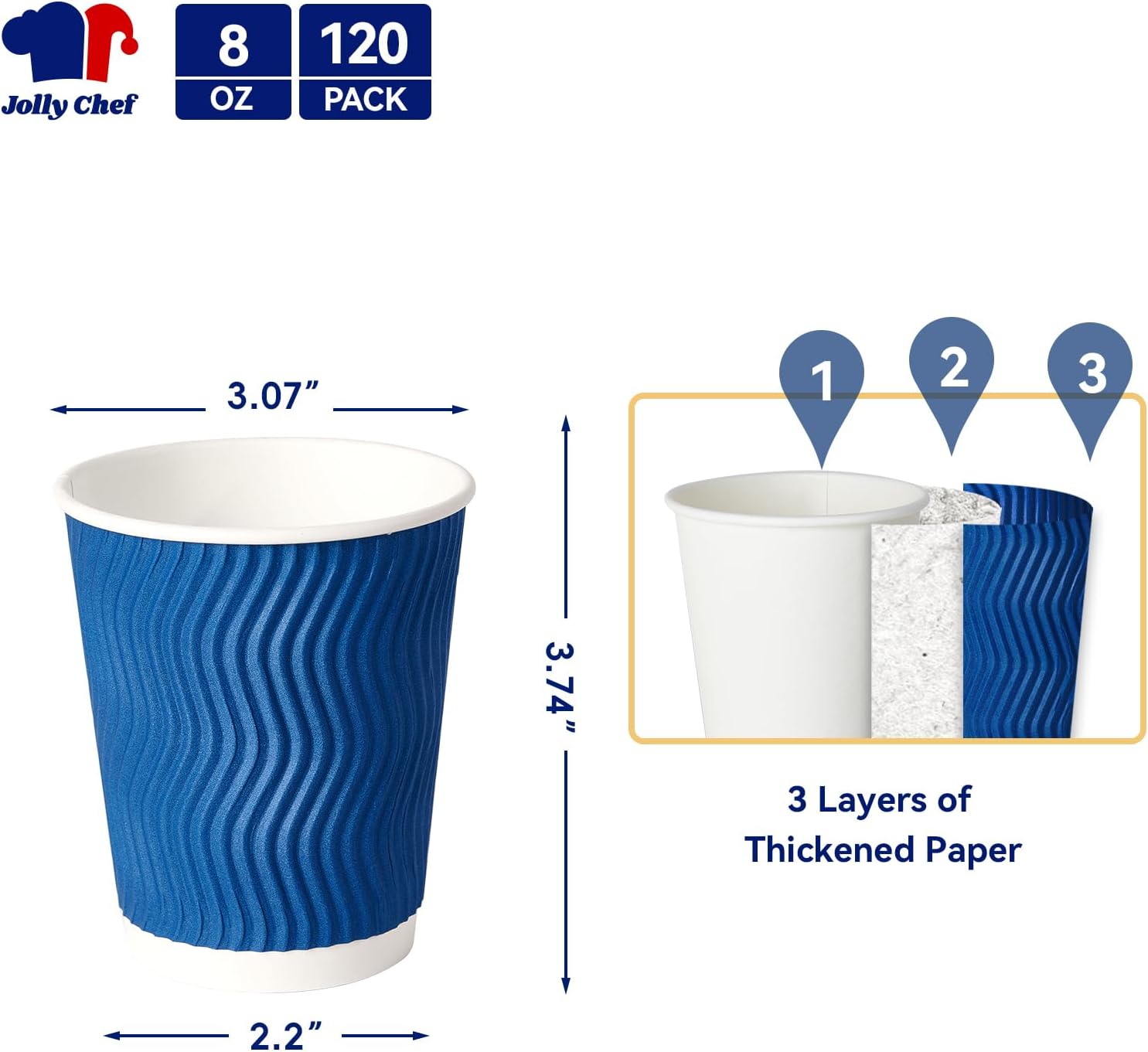 JOLLY CHEF Paper Coffee Cups 8 oz 120 Pack Insulated Paper Cups Blue image 2